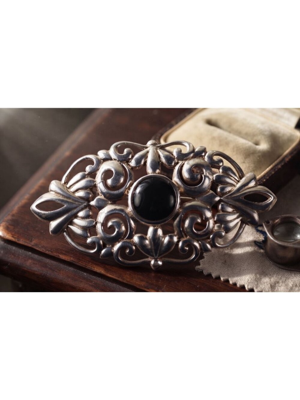 Vintage Sterling Silver Onyx Brooch, Victorian Style Ornate Filigree Oval Pin